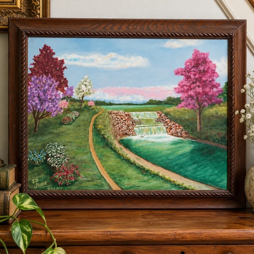 Original Signed ED Seller Hand Painted Landscape Waterfall Garden Painting